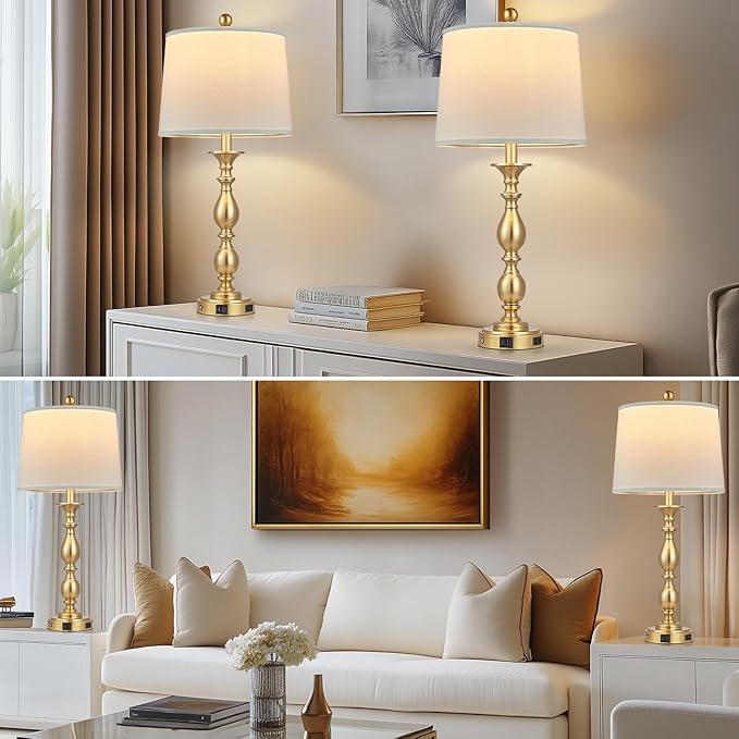 28" Tall Modern Table Lamp with USB A+C Ports and AC Outlet, 3 Way Touch Metal Bedside Lamps for Bedroom, Gold Farmhouse Nightstand Lamps for Living Room