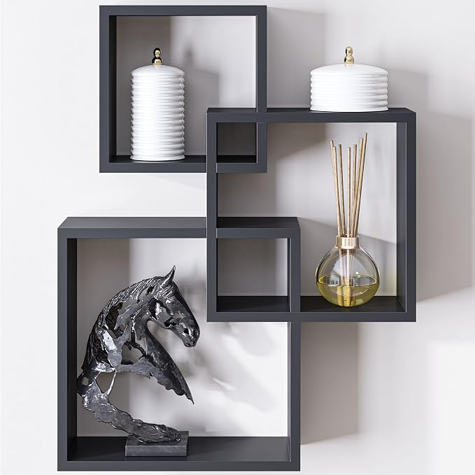 Ballucci Modern Interlocking Cube Floating Shelves, Wall Mount Wood Square Shelves for Living Room, Bedroom, Bathroom, Easy to Install Wall Decor Box Shelves, Black
