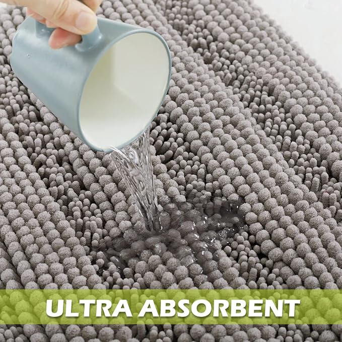 KGORGE Non Slip Bathroom Rugs - Luxury Chenille Dry Fast Plush Super Soft Plush Chenille Washable Small Bath Mats for Kitchen Living Room Bedroom Entryway, Light Grey, 20" W x 32" L, 1 Piece