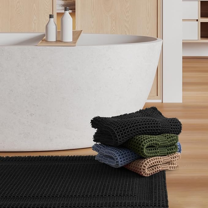 AMOAMI Waffle Bath-Mat, Absorbent Bath Mats for Bathroom Non Slip, Machine Washable Bathroom Rugs with Tassels Ultra Soft Boho Bath Rugs for Floor 24"x36" Black