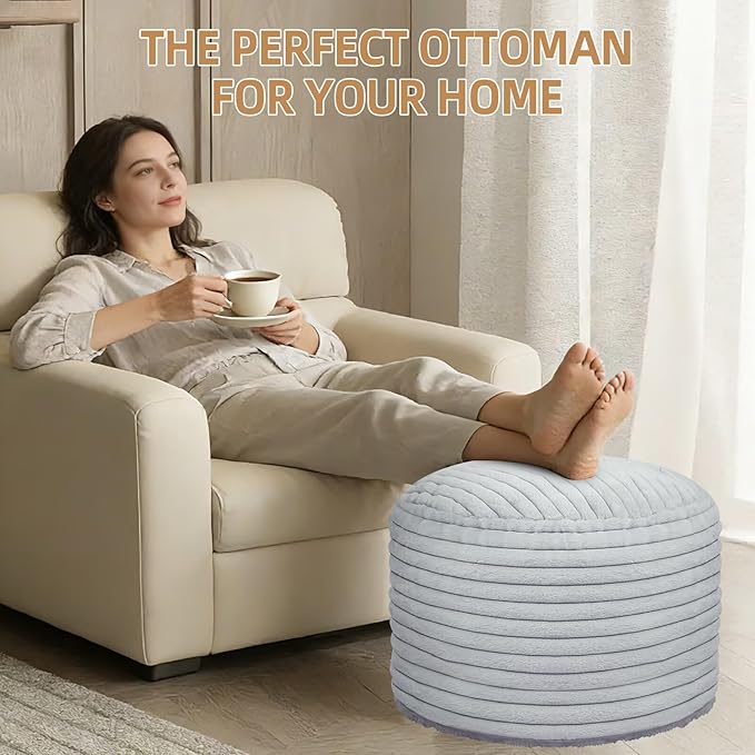 Round Stuffed Pouf Ottoman Foot Rest for Couch Round Ottoman with Foam Chunk Filling Stripe Faux Fur Ottomans for Living Room Floor (26"x18",Light Grey)