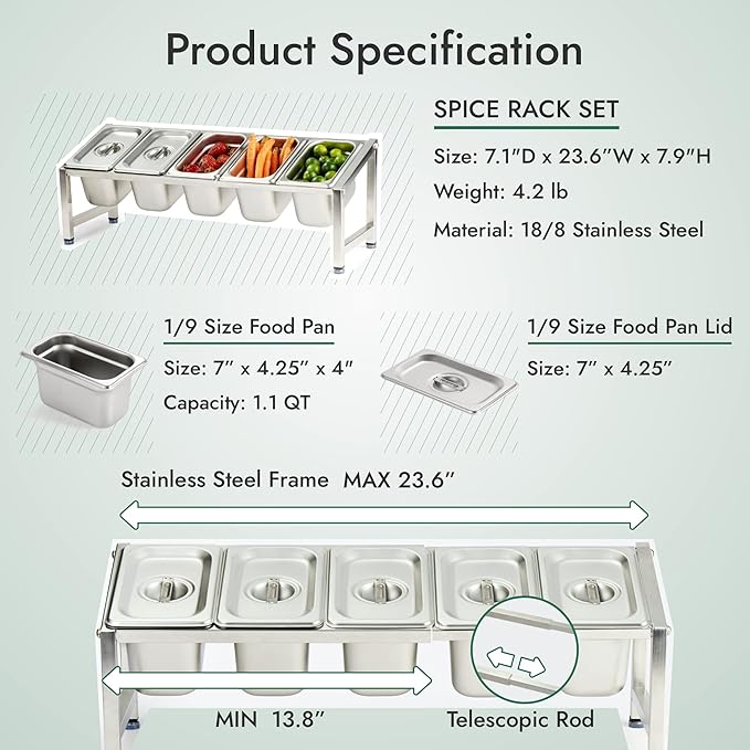 CURTA Expandable 18/8 Stainless Steel Spice Rack Set, NSF Certified, 1-Tier Inclined Organizer Shelf with 5 1/9 4“ Pan&Lid, 13.8" - 23.6" Adjustable, Countertop Holder for Seasoning Ingredients