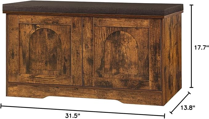 DINZI LVJ Shoe Bench, Entryway Storage Bench with Doors, Cushion, 2-Tier Shoe Rack with 6-Cubby, 31.5”L x 13.8”W Shoe Organizer Cabinet, Adjustable Shelf, Living Room, Bedroom, Rustic Brown