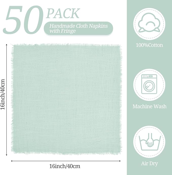 50 Pack Sage Green Handmade Cloth Napkins 16 x 16 Inch Cotton Linen Napkins with Fringe, Washable and Reusable Napkins, Soft Rustic Boho Fringe Cloth Napkins for Dinners,Parties, Wedding