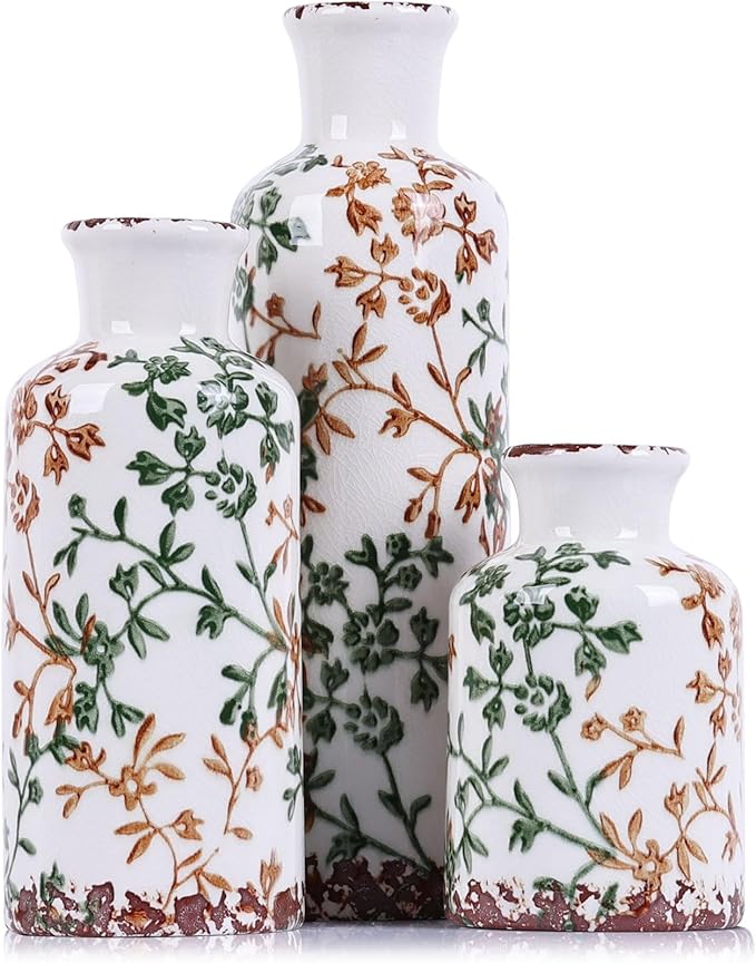 Green Ceramic Vase Set of 3 - Modern Rustic Farmhouse Decorative Vases for Dining Table, Shelf, Bedroom, Living Room, Kitchen, Office, Bathroom, Mantle, Centerpiece Décor