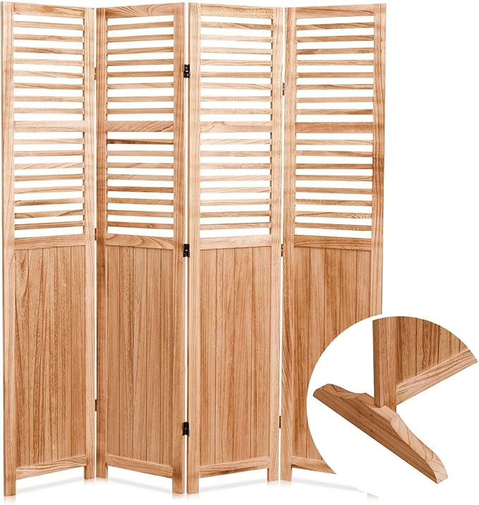 65 Inch Partition Room Dividers with Extra Stable Base, 4 Panel Folding Wood Privacy Screen for Home Office Restaurant Bedroom - Natural
