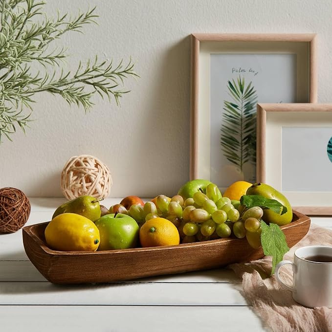 Wooden Dough Bowl Decor, Hand Carved Solid Wood Dough Bowl 17.2" Farmhouse Table Centerpiece Rustic Decorative Bowl for Coffee Table, Kitchen Island, Fall Home Decor