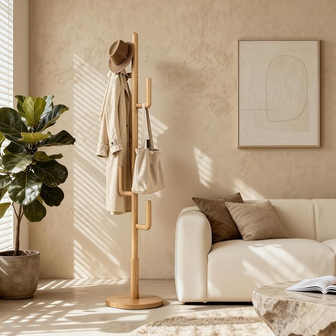 Coat Rack,Solid Wood Cactus Freestanding Coat RackWith 6 L-Shaped Hooks and 3 Adjustable Sizes,Coat Tree for Bedroom, Entryway, Livingroom, Coat Hanger Stand for Coats, Handbags (Natural)
