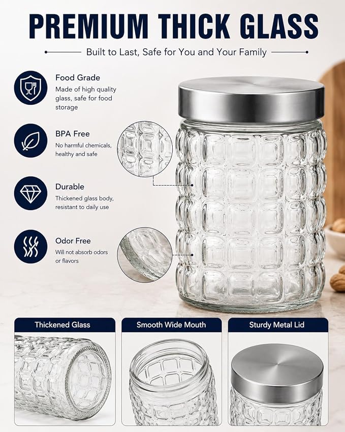 Glass Storage Containers, 2 Pack Glass Jars With Lids Round Canister Airtight Food Storage Containers, Clear Canisters With Lids For Cookies, Candy, Coffee, Sugar, Rice, Pasta (27 oz)