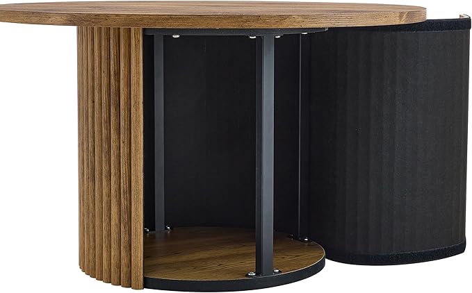 JUFU Round Coffee Table with Storage, 27.5IN Minimalist Fluted Coffee Table Circle Wood Center Table for Living Room (Wooden Coffe Table)