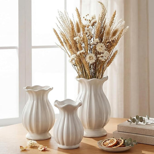 White Ceramic Vase Set of 3 Small Rustic Decorative Vases Home Decor Wavy Edge Modern Flower Vases for Farmhouse Table Centerpiece Shelf Living Room Kitchen Bedroom Bookshelf Decorations