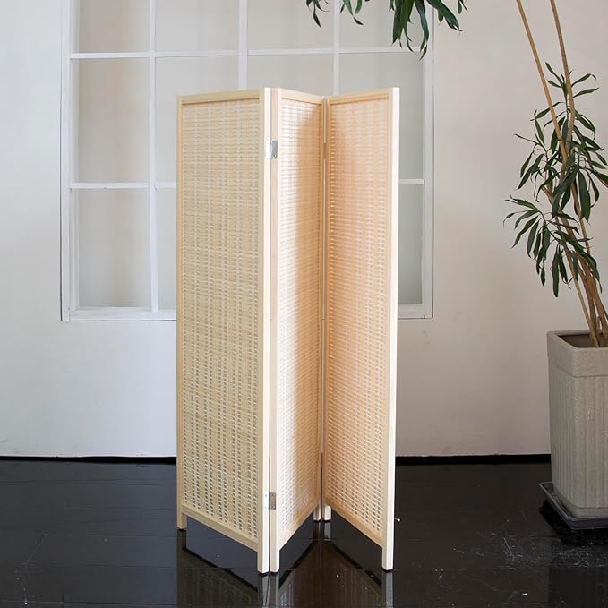 3 Panel Short Room Divider – 3.9 ft Tall Double-Side Folding Privacy Screen, Natural Beige Bamboo Partition Wall for Home Office, Living Room & Corner Spaces