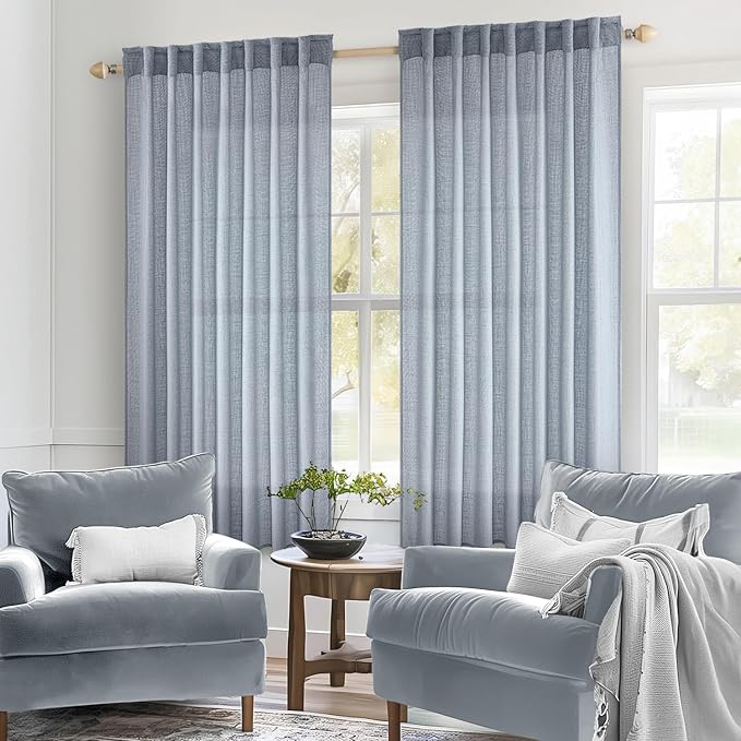 MIULEE Chambray Blue Linen Curtains 63 Inch Length 2 Panels for Bedroom Living Room, Soft Linen Textured Window Drapes Semi Sheer Light Filtering Back Tab Rod Pocket Farmhouse Modern Burlap Look Decor