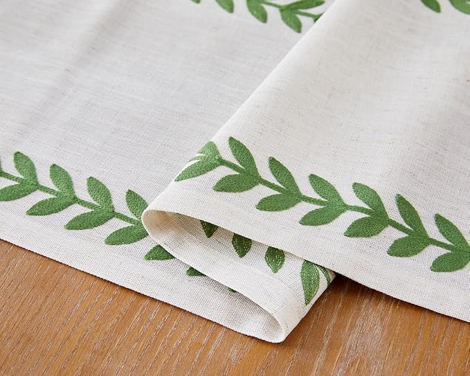 Wracra Embroidered Table Runner Irregular Willow Leaf Table Runners 90 Inches Long for Dresser Home Dining Table Decor,14 x 90 Inch, Green