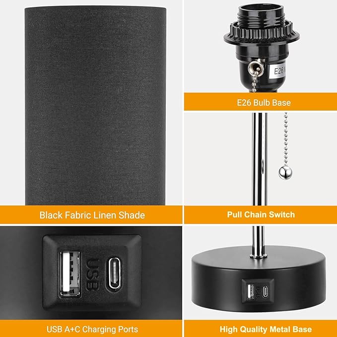 3-Color Temperature Bedside Lamp Nightstand Lamp with USB A Port and C Port, Table Lamp for Bedroom with LED Bulb Small Lamps for Living Room (Black)