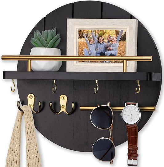 Nekon Wall Mount Key Holder, 11.8 Inch Rack With Shelf and 6 Hooks, Rustic Mail Organizer, Circular Wooden Hanger for Entryway Hallway Kitchen (Black&Gold)