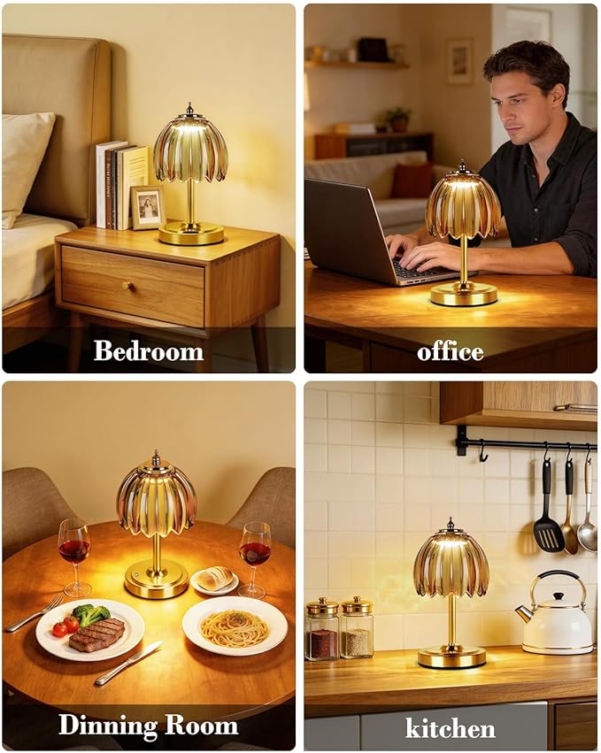 WERFOP Rechargeable Tulip Table Lamp, 5400mAh Cordless & Touch Control Bedside Lamp with 3 Adjustable Color Temperatures & Dimmable Brightness Desk Light for Bedroom, Living Room, Office (Amber)
