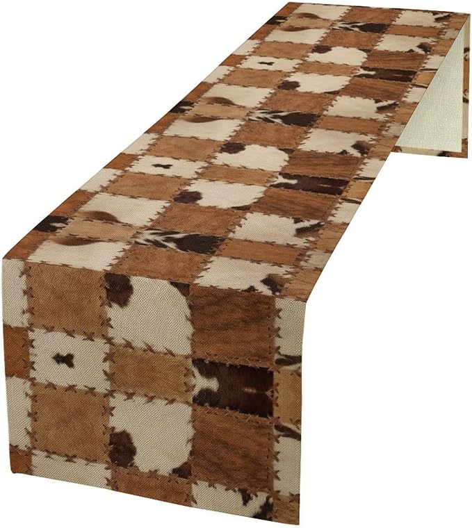 Western Style Cowhide Table Runner,Leather Animal Hair Vintage Splicing Grid Pattern Table Runner for Coffee Table Dining Room Table Bedroom Party Holiday Decor 13x36inch