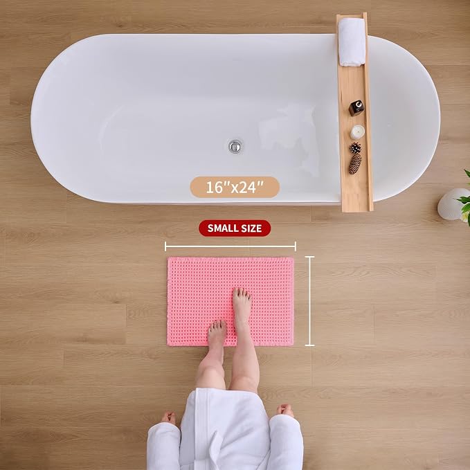 ILANGO Upgraded Waffle Bath Mat,Super Absorbent Boho Non Slip Bathroom Rugs Quick Dry,Ultra Soft Machine Washable Mats with Tassels for Floor,16x24,Pink