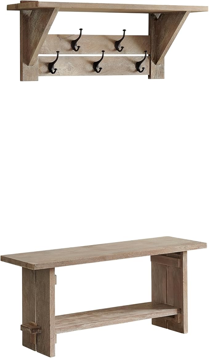 Alaterre Furniture Bethel Wall Mounted Coat Rack & Bench Set – Rustic 40-Inch Entryway Organizer with 5 Coat Hooks, Solid Wood Seat & Storage Shelves for Mudroom or Foyer (Driftwood Finish)