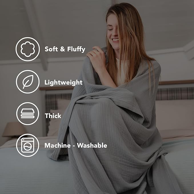Goqan Throw Blanket 55x60 – 100% Turkish Cotton 4 Layer Boho Muslin Blanket for Adults, Four Season Blanket Lightweight and Thin, Soft, Breathable for Bed, Couch, Picnic - Light Grey