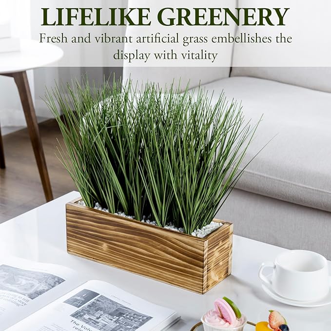 MyGift Artificial Grass Plants in Rustic Burnt Solid Wood Planter Box, 12 Inch Decorative Wooden Container with Faux Greenery Plant, Indoor Table Decor