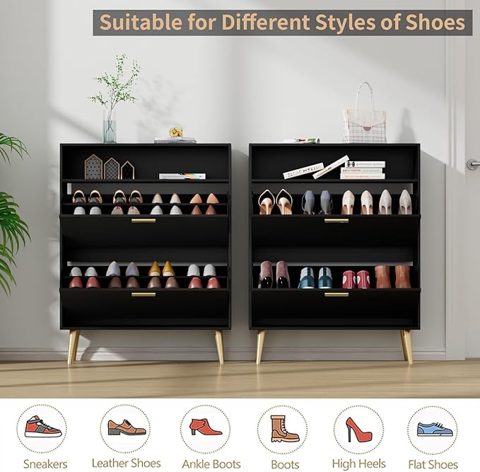 JOZZBY Shoe Cabinet for Entryway Slim Set of 2, Black Shoe Rack with 2 Flip Drawers and Top Storage, Hidden Shoe Storage Narrow Shoe Cabinet for Entryway, Hallway, Living Room