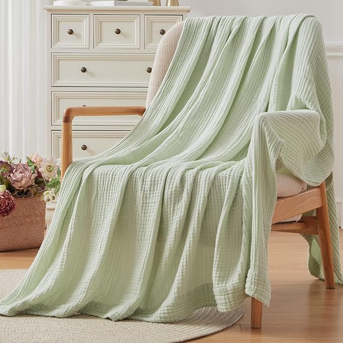 EMME Cotton Throw Blanket 100% Muslin Soft Blanket for Couch 4-Layer Breathable Gauze All Season Soft and Lightweight Pre-Washed Cotton (Mint Green, 50"x71")