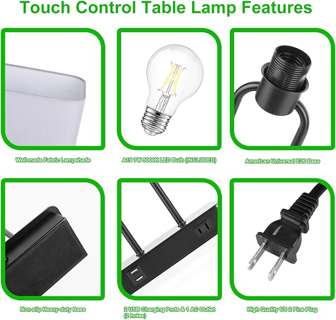 Lakumu Bedside Touch Control Table Lamps with Dual USB Charging Ports 1 AC Outlet, 3 Way Dimmable Modern Nightstand Lamp with Grey Fabric Shade, Desk Lamp for Bedroom Living Room with 5000K LED Bulb