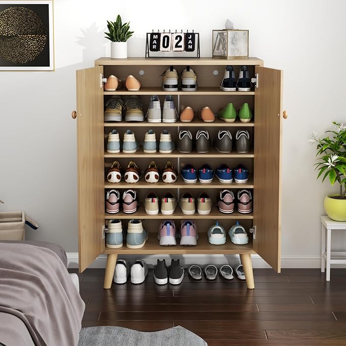 Loomie Rattan Shoe Cabinet, 6-Tiers Shoe Storage Cabinet for Entryway Hallway, 2 Door Accent Cabinet with Adjustable Shelves, 44" H Tall Sideboard Storage Cabinet Closet Living Room (Natural)