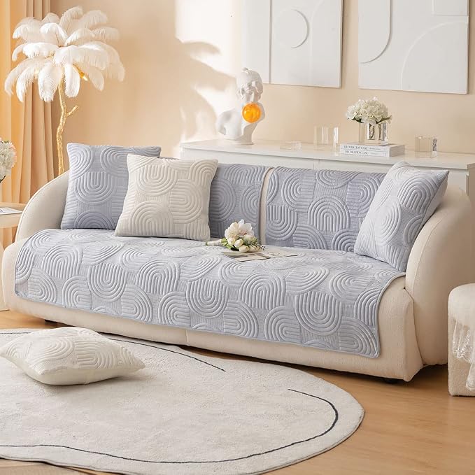 Soft Plush Geometric Quilted Couch Sofa Cover Boho Non Slip Fuzzy Sectional Couch Cover Solid Color Washable Sofa Slipcover Furniture Protector for Kids Dogs Cats (Gray,36"x47")