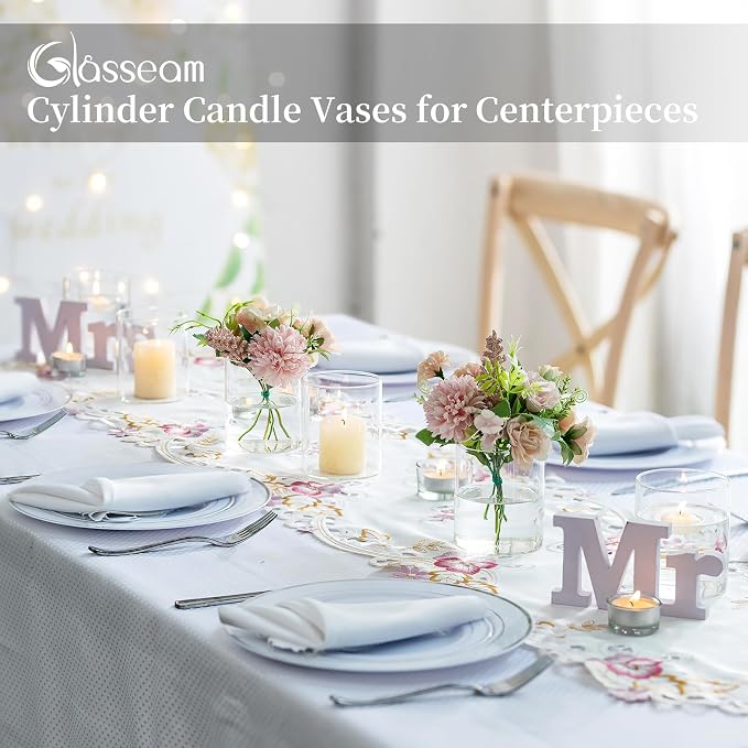 Glasseam Hurricane Glass Candle Holder Set of 6, Cylinder Clear Candle Holders for Pillar Candles, Modern Cylinder Vases for Floating Candles, Vases for Centerpiece Wedding Table Decorations, 4inch