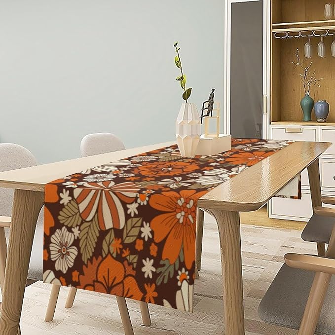 Retro Floral Table Runner 60s 70s Hippie Autumn Flowers Leaves Boho Daisies Flower Dinner Runner for Home Kitchen Dining Table Party Decor 13"x60"
