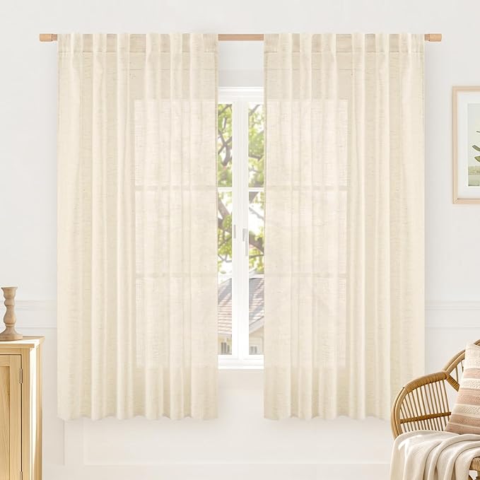 LAMIT Semi Sheer Linen Window Curtains 63 Inch Length, Light Filtering Neutral Curtain Panels Farmhouse Back Tab and Rod Pocket Drapes for Bedroom/Living Room, Linen, 2 Panels, 52 x 63 Inch