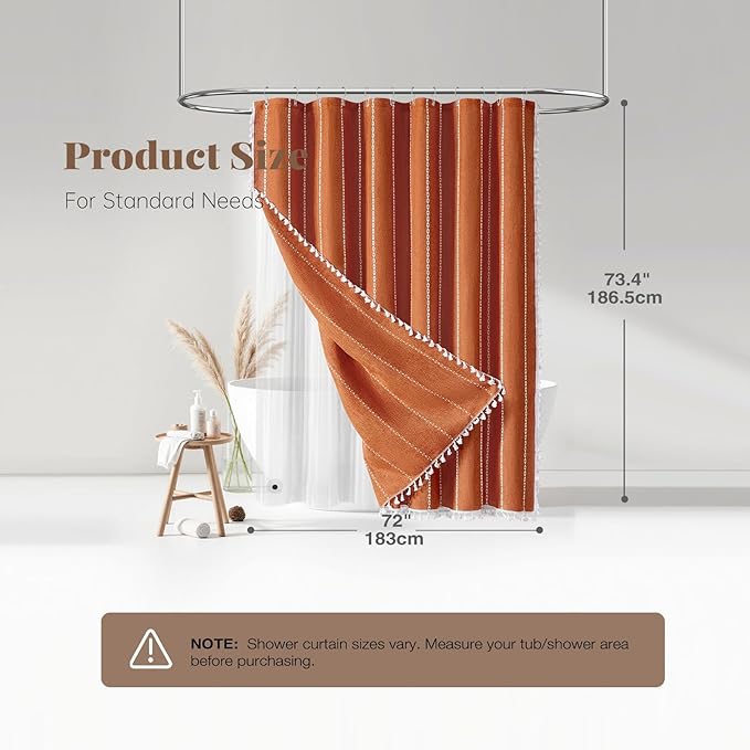 BTTN 3 in 1 Shower Curtain with Liner, Burnt Orange Boho Linen Striped Cloth Shower Curtain Set with Plastic Hook, Farmhouse Bohemian Country Cute Waterproof Fabric Shower Curtain for Bathroom, 72x72
