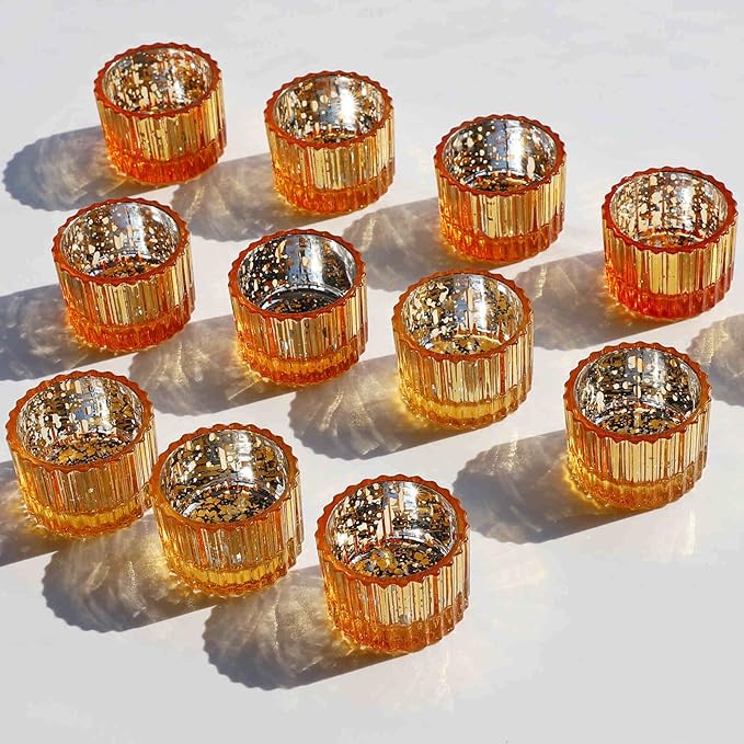 VOHO 24pcs Gold Votive Candle Holders for Christmas Decorations, Tea Lights Candle Holder Gold Centerpieces for Table, Small Ribbed Candle Holder for Tea Lights Candles(2'' x 1.4'')