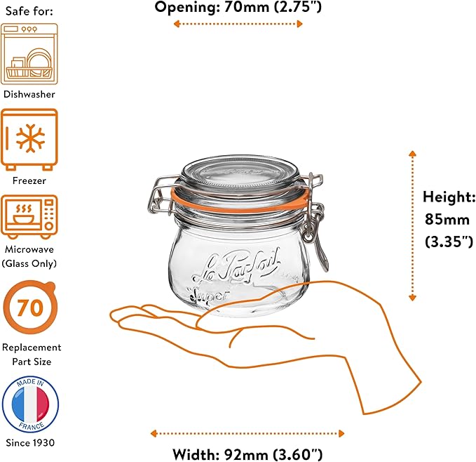 Le Parfait Super Jar 250mL (8oz) French Glass Preserving Jar w/Airtight Rubber Seal & Wire Bail Closure - BPA-Free Canning Jar for Pickles, Fruit, Sauces & Food Storage - Made in France Since 1930 6PK