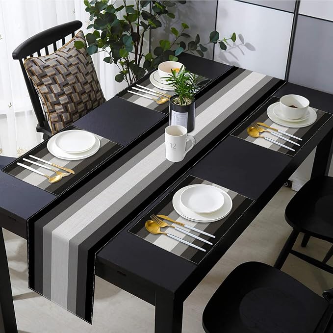 Emvency Black Grey Gradient Table Runner and Placemats Set of 6,Modern Geometric Abstract Painting Art Dining Decor for Daily Use(1 Table Runner 72 inches Long and 6 Placemats)
