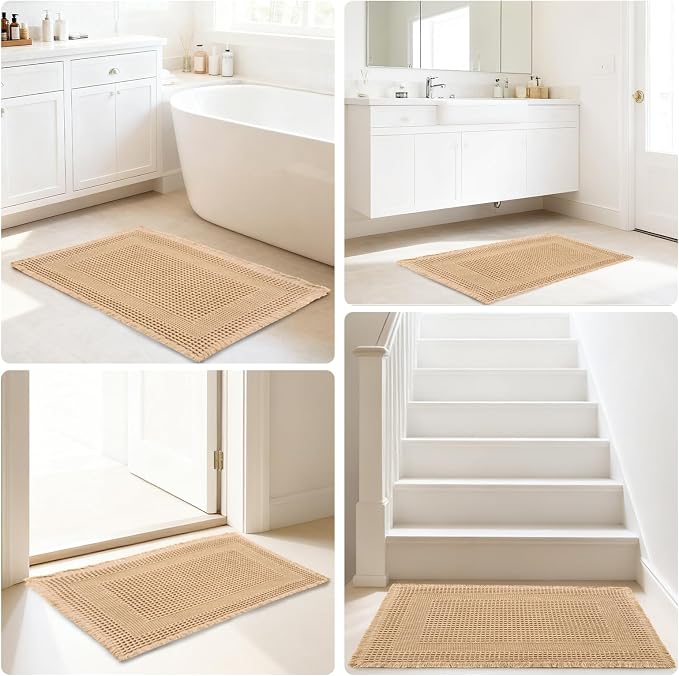 Hiasan Set of 2 Waffle Bath Mat, Super Absorbent Non Slip Bathroom Boho Rug with Tassels, Machine Washable Bath Mats for Bathroom, Ultra Soft Rubber Backed Rug, Loop-Brown, 16" x 24" + 20" x 32"