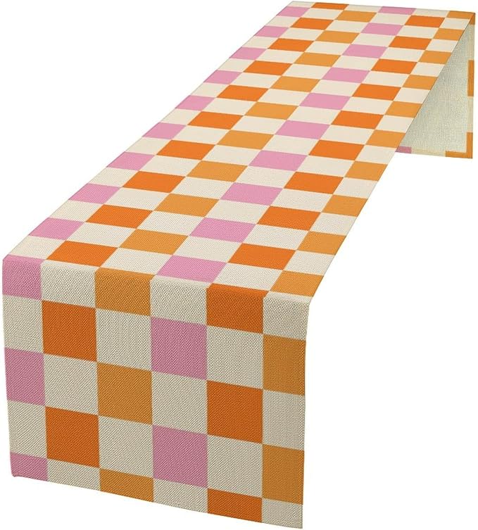 Hippie Table Runner Vintage Geometric Square Grid Yellow Orange Pink 1960s 1970s Retro Country Farmhouse Dinner Runner for Living Room Kitchen Party Holiday Dinner Home 13x90in