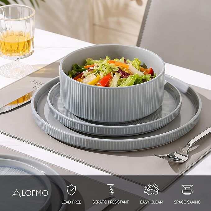Dinnerware Sets for 4, Ceramic Plates and Bowls Set 12 Piece Dinnerware Chip Resistant Stoneware with Advanced Inkjet Printing Technology, Dishwasher and Microwave Safe-Smoky Blue