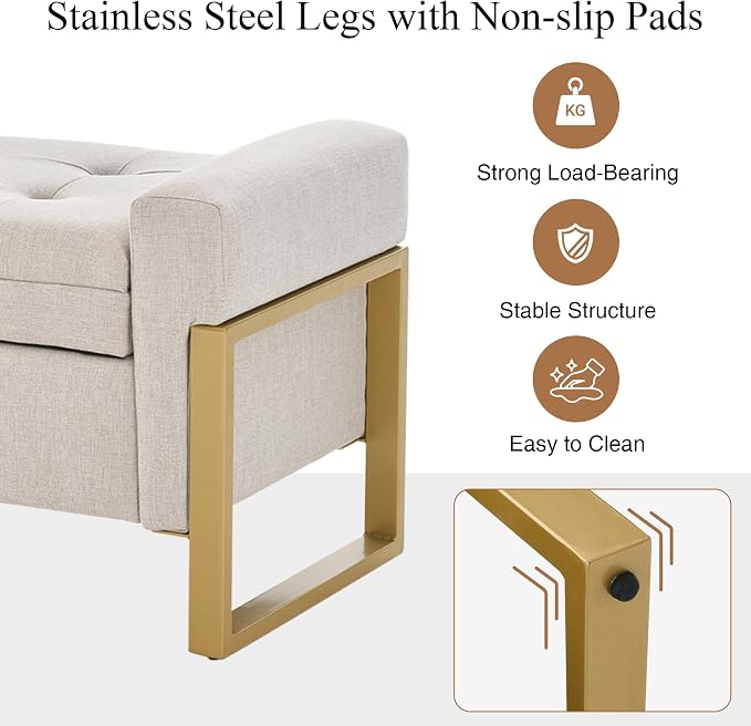 adochr 57" Storage Bench, Linen Upholstered Ottoman with Storage, Large End of Bed Bench with Metal Legs & Button-Tufted,500 lb Capacity, for Living Room, Bedroom, Entryway, Beige