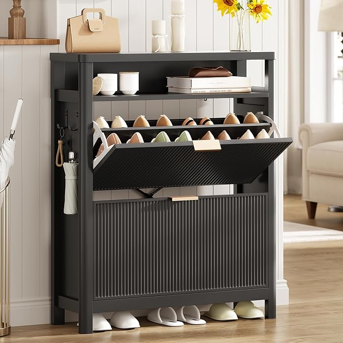 AOGLLATI Shoe Cabinet Storage,Narrow Fluted Shoe Rack Cabinet with 2 Flip Drawers, Wooden Freestanding Organizer with Open Storage Space for Entryway,Black