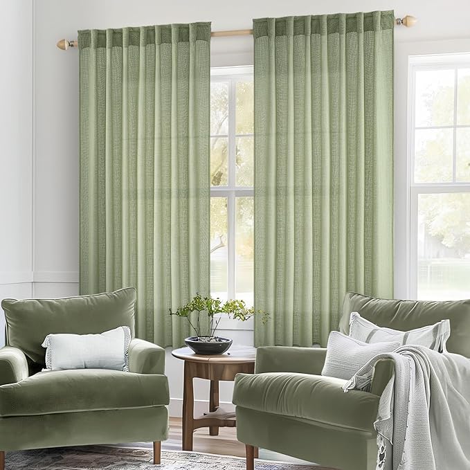 MIULEE Sage Green Linen Curtains 63 Inch Length 2 Panels for Bedroom Living Room, Soft Thick Linen Textured Window Drapes Semi Sheer Light Filtering Back Tab Rod Pocket Burlap Look Decor