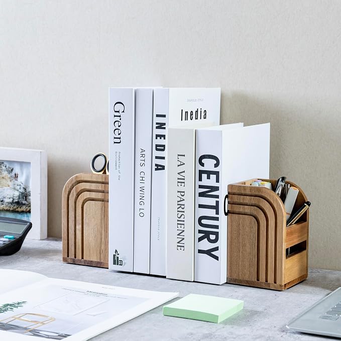 MyGift Premium Acacia Solid Wood Bookends and Pencil Holders with Modern Etched Arch Design, Office Desk Book Ends with Natural Wooden Art Deco Pen Cups, 1 Pair
