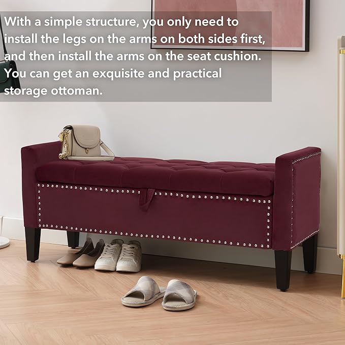 Velvet Ottoman with Storage, 46'' Upholstered Button Tufted End of Bed Bench with Arms, Modern Storage Bench for Living Room, Bedroom, Entryway, Purple