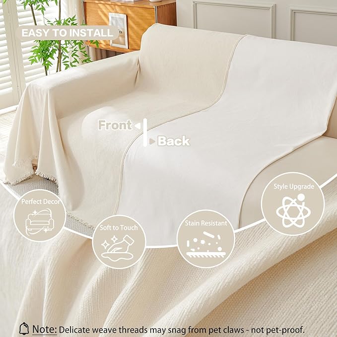 DREAMINGO Sofa Covers Washable Thick Chenille Couch Cover for 2 Cushion Couch Sofa Multi-Use Couch Cover Blanket Modern Pet Furniture Protector Sectional Couch Slipcover 71"x118", Beige White