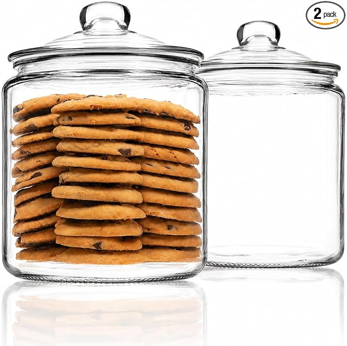 1 Gallon Glass Cookie Jar - Large Food Storage Container with Airtight Lid - Keep Fresh Flour, Chewy Pet Treats, Candy, Dried Foods, Detergent Pods for Your Kitchen or Laundry Room- Pack of 2