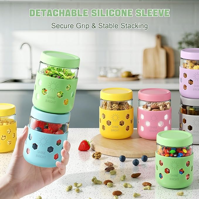 Lazyshine 6 Pack Glass Overnight Oats Containers with Lids, 16 oz Mason Jars with Silicone Sleeves, Airtight Leak-Proof Meal Prep Jars for Chia Pudding, Oatmeal, Yogurt, Snacks, Smoothies, Salads