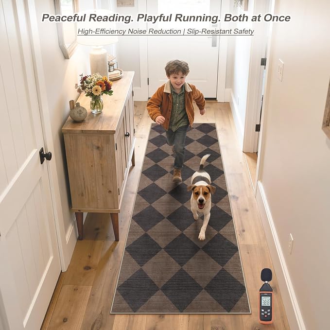 Beeiva Checkered Print Hallway Runner Rug 2x6, Moroccan Kitchen Runner Rugs Non Skid Washable 6ft Ultra Thin Stain Resistant Entryway Decor, Diamond Gingham Alfombra for Bathroom Laundry (Brown/Black)
